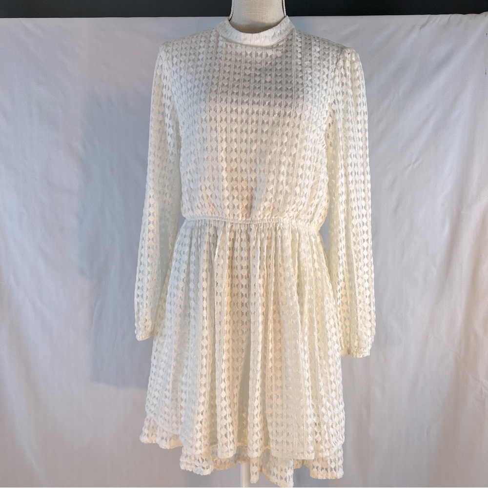 Mustard Seed Dress White Lace Tiered Hemline Shear Long Sleeves High Neck M👍